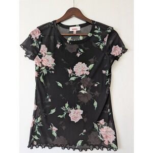 BONGO Whimsigoth Black Floral Mesh Short Sleeve Fairy Coquette Top Women L